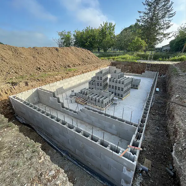 Fondations et soubassement en blocs béton dans une fouille